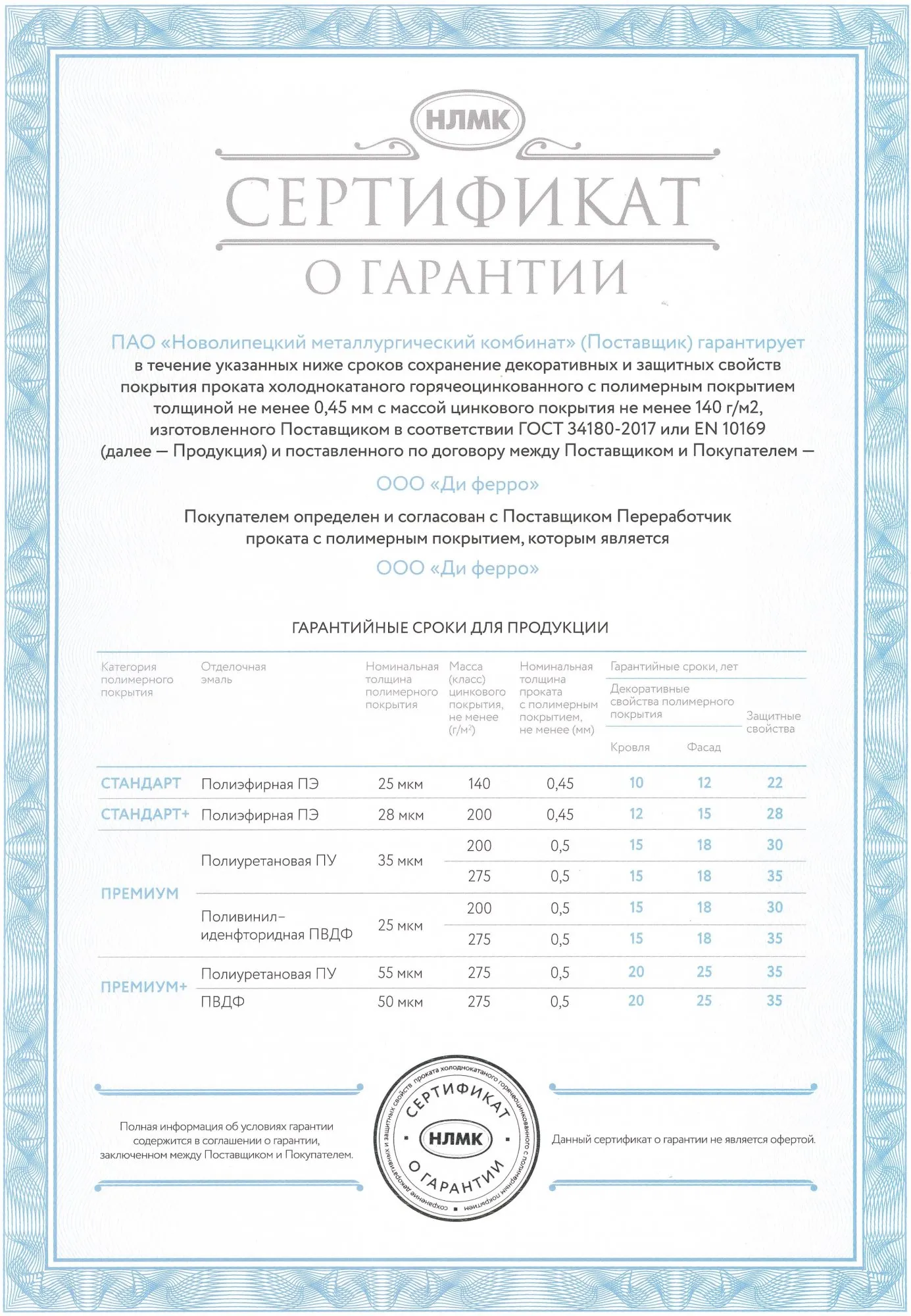 Компания Ди Ферро получила от ПАО НЛМК сертификат о гарантии на полимерное покрытие стального проката Компания Ди Ферро получила от ПАО НЛМК сертификат о гарантии на полимерное покрытие стального проката